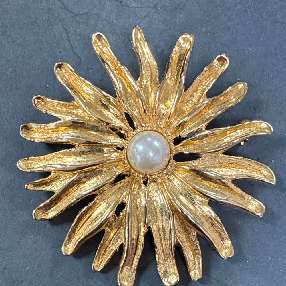 Gold Sunburst Brooch with Pearl Center